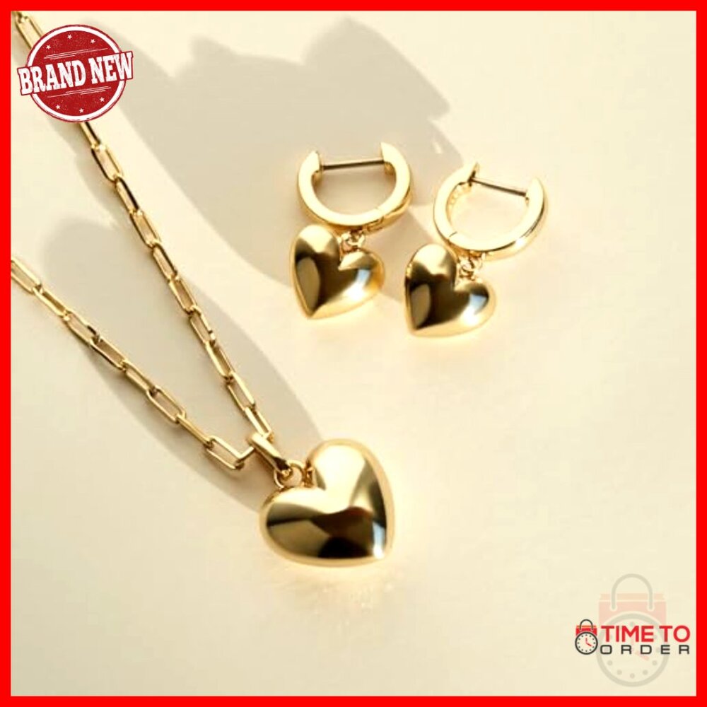 Puffed Heart Huggie Hoop Earrings 14K Gold Plated Hypoallergenic - Picture 6 of 7